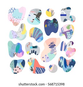 Collection of artistic decor elements and shapes. Trendy graphic design. Unusual stickers. Hand drawn textures. Vector art of label design