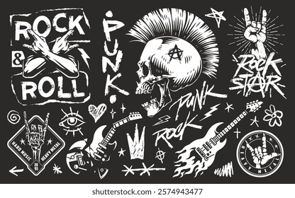 A collection of artistic elements featuring rock and punk themes. Designs include guitars skulls hand gestures and band symbols created with bold lines and contrast.