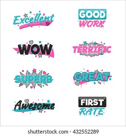 A collection of artistic encouragement achievement badge stickers to praise good work and perfect results. Can be used for educational purposes and just for fun.