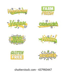 A collection of artistic food and drink quality badge stickers. Design elements that inform consumers about halal, kosher, vegan, gluten free and other inspected products.