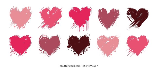 A collection of artistic grunge-style hearts painted with brush strokes in various shades of red, pink, and burgundy, symbolizing love and passion. Vector illustration