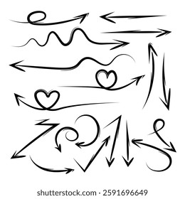 A collection of artistic hand-drawn arrows featuring various styles, including curved, wavy, spiraled, and heart-themed designs, ideal for creative projects and graphic design.