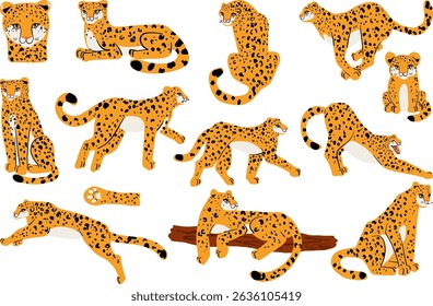 A collection of artistic hand-drawn cheetah illustrations showcasing different poses and actions, including running, resting, jumping, and hunting, perfect for creative projects.