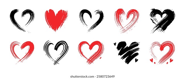 A collection of artistic heart vector illustrations in red and black, created with expressive brushstrokes. Perfect for love, romance, and Valentine's themes