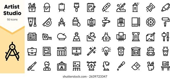 A collection of artistic icons representing various tools and elements found in an artist's studio, creating a vibrant and inspiring atmosphere.