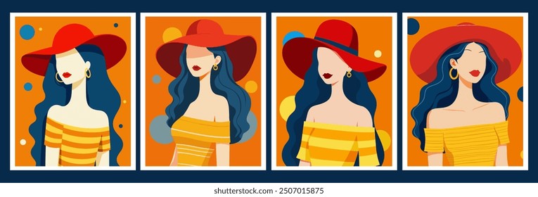 Una colección de ilustraciones artísticas con una mujer de moda con el pelo largo, llevando un sombrero rojo llamativo y un traje de rayas amarillas, sobre un fondo naranja vibrante.