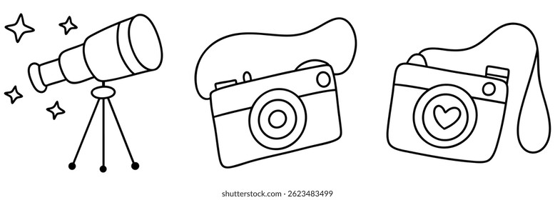 A collection of artistic illustrations featuring telescope and various camera designs, showcasing creativity and exploration