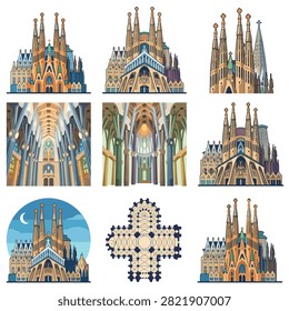 Collection of artistic illustrations showcasing the unique architecture of Sagrada Familia in Barcelona