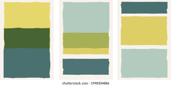 Collection of artistic modern minimalist illustrations: abstraction with geometric shapes (squares) on beige background