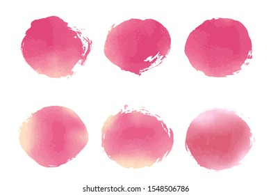 Collection of artistic  pink circle brushes with watercolor texture. Vector set. Can be used for printed materials. Abstract background. Hand drawn decorative elements. Ink, paint, berry, blood.