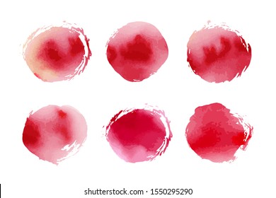 Collection of artistic red circle brushes with watercolor texture. Vector set. Can be used for printed materials. Abstract background. Hand drawn decorative elements. Ink, paint, berry, blood.
