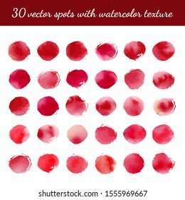 Collection of artistic red circle brushes with watercolor texture. Vector set. Can be used for printed materials. Abstract background. Hand drawn decorative elements. Ink, paint, berry, blood.