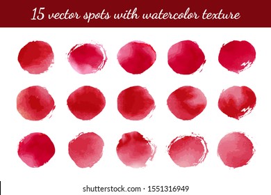 Collection of artistic red pink circle brushes with watercolor texture. Vector set. Can be used for printed materials. Abstract background. Hand drawn decorative elements. Ink, paint, berry, blood.