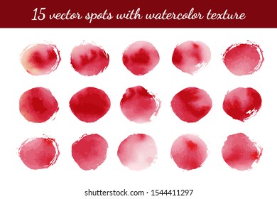 Collection of artistic red spot brushes with watercolor texture. Stock vector set. Can be used for printed materials. Abstract background. Hand drawn decorative elements. Ink, paint, berry, blood.