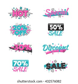 A collection of artistic sale and discount advertising badge stickers. Design elements to advertise special offer, hot sales and clearance proposals.