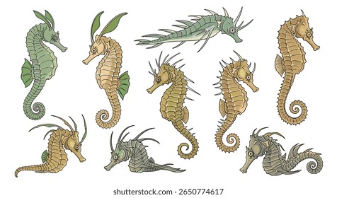 Collection of artistic seahorse illustrations with detailed textures and varied poses