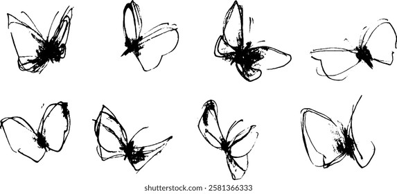 A collection of artistic sketches of butterflies, featuring various styles and poses. The sketches are done in black ink with a loose, expressive style, showcasing the delicate nature of butterflies.