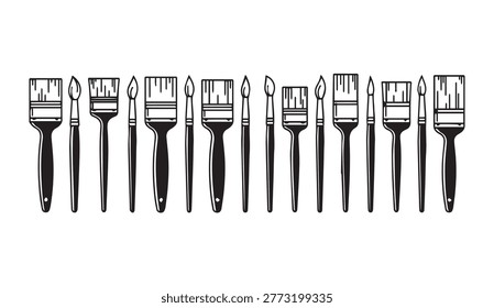 A collection of artist's brushes arranged in a row varying in size and bristle type. Ideal for creative design projects.