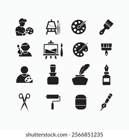 Collection of artist's paintings of silhouette icons vector illustration.