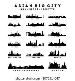 Collection of Asian Big City Skyline Silhouette Vector