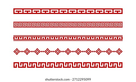 Una colección de diseños de líneas fronterizas asiáticas con formas geométricas tradicionales y patrones de adornos rojos clásicos. Ideal para diseños de temática cultural, diseño de empaques, 