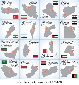 Collection Of Asian Countries (Middle East And Persian Gulf Countries). Sixteen Separate Illustrations (icons). Easy To Edit.