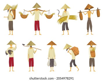 Collection of asian farmers in straw conical hata. Asia rural culture. Chinese farmers carrying yields rice harvest on his shoulders and in hands. Vector cartoon illustration