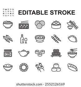 Collection of Asian food. Thin line vector. Contains icons such as buns, sushi, noodles and more.