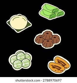 A collection of Asian sweets including a round steamed bun on a green leaf, green rolled mochi, chocolate cookies, green rice balls with white sprinkles, and two halved orange papaya pieces arranged