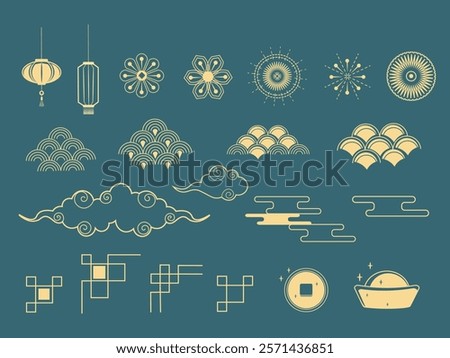 A collection of Asian traditional decorative elements and symbols in golden outlines. Lanterns, fireworks, corner frames, fish scales, clouds, golden bar, coin, sakura flowers.