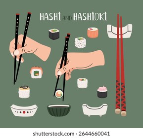 Collection of asian wooden chopsticks Hashi with hands and Hashioki, soy souce, sushi and rolls vector illustration original artwork