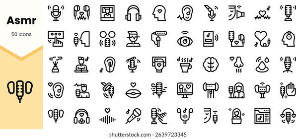 A collection of ASMR-themed icons, featuring microphones, ears, and calming elements, all in a minimalistic black-and-white design.