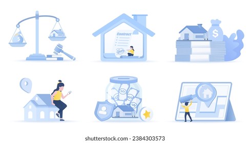 Collection of asset, house, property concept scene. Sign property contracts, legal matters, find a place, save up money to buy a house. Flat vector design illustration.