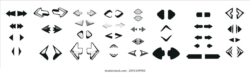 Collection of assorted arrow icons in different styles and directions for navigation and interface design. Pointer concept