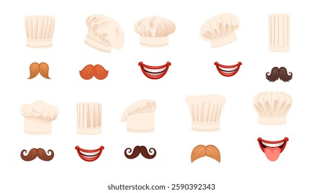 Collection of assorted bakery and chef-related items hats with mustaches. Various designs. Vector illustration isolated on white background.