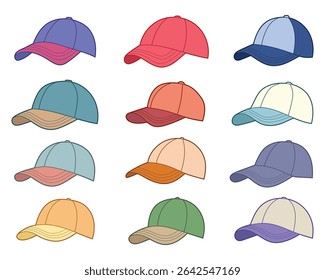 Coleção de bonés de beisebol variados com várias cores organizadas no branco