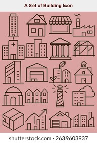 Collection of assorted building outline icons on a pink background, including houses, storefronts, factories, a lighthouse, skyscrapers, and even a government building with columns.