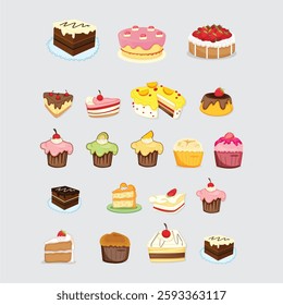 Collection of Assorted Cakes, Cupcakes, and Pastry Illustrations in Various Styles