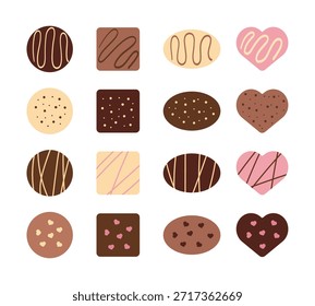 A collection of assorted chocolate truffles in circle, square, oval, and heart shapes with cute patterns. Perfect for Valentine's Day designs, dessert menus, and sweet confectionery branding.