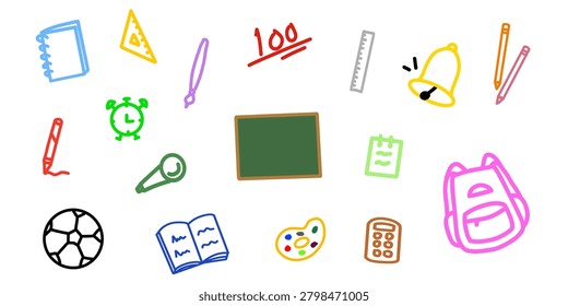 A collection of assorted classroom items including notebook, triangle ruler, pen, alarm clock, chalkboard, backpack, bell, ruler, lightbulb, open book, palette, calculator, soccer ball, notebook,