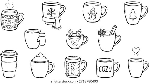 Collection of assorted coffee cups with various designs and themes on a white background