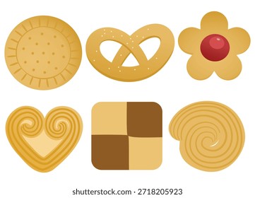Coleção de cookies sortidos em várias formas e estilos exibidos ordenadamente em um fundo branco.