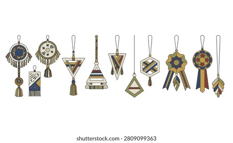 Collection of assorted decorative wall hangings featuring ethnic patterns and colorful tassel accents designed for bohemian interior styling.