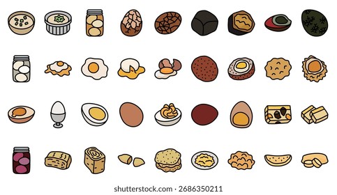 Una colección de varios íconos de platos de huevo en un estilo de color plano con contornos negros llamativos.