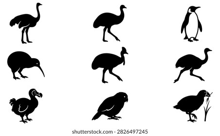 Collection of assorted flightless bird silhouettes with silhouette, flightless
