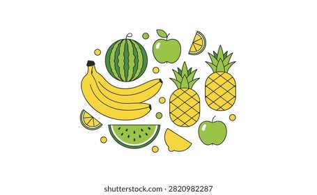Collection of assorted fresh fruits including banana watermelon pineapple and apple arranged in a circular composition.