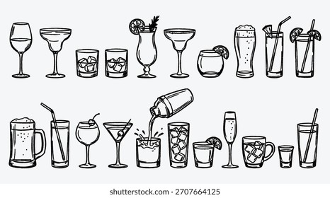 Sammlung von verschiedenen handgezeichneten Cocktailgläsern und Barware-Geräten