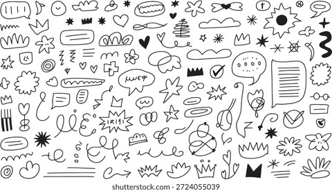 Collection of assorted hand drawn doodle icons including abstract shapes speech bubbles stars hearts clouds arrows lines and expressive markings providing versatile elements for creative projects.