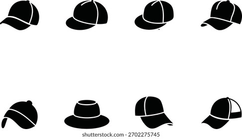 Coleção de chapéus e bonés variados em preto e branco simples