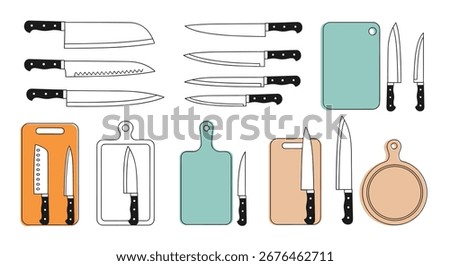 A Collection of Assorted Kitchen Knives and Cutting Boards for Food Preparation